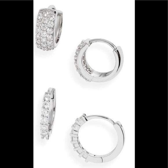 Set Of Two Sterling Silver & Cubic Zirconia Huggie Earrings In Clear- Silver